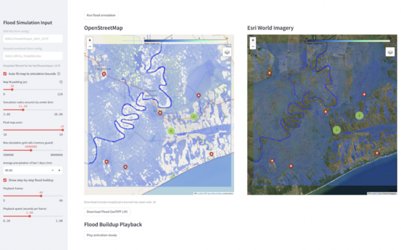 Figure. Flood Analysis: Interface of the decision-support system for Xai-Xai. Visualizing potential water stagnation to accelerate environmental risk assessment and intervention planning.